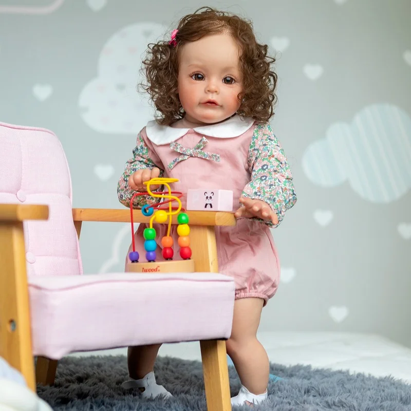 

60CM Top Quality RebornToddler Girl 3 Month Baby Size Hand-Detailed Painting 3D Skin Tone Hand Rooted Brown Curly Hair Birthday