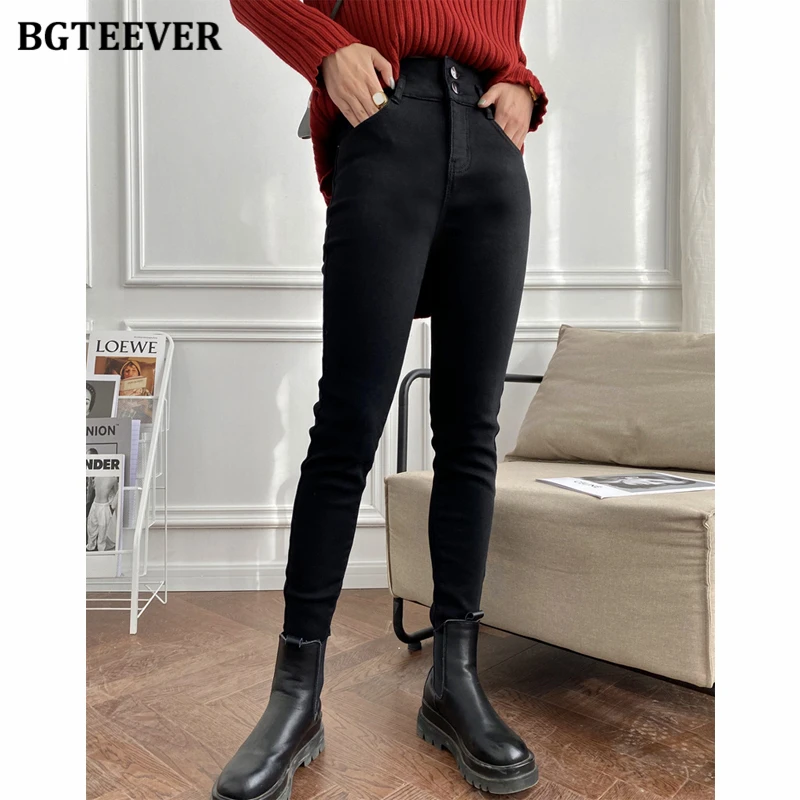 

Модные утепленные бархатные женские узкие джинсы-карандаш BGTEEVER, зима 2020, женские эластичные теплые джинсы с завышенной талией и двойной пуг...