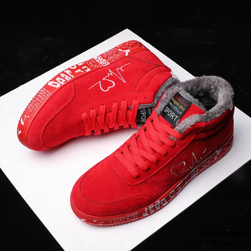 

2021 Winter Women Men Sneakers Red Rubber Bottom Sneaker Man Keep Warm Plush Fashion Lace-up Mens Causal Shoes Flat Lover Shoes