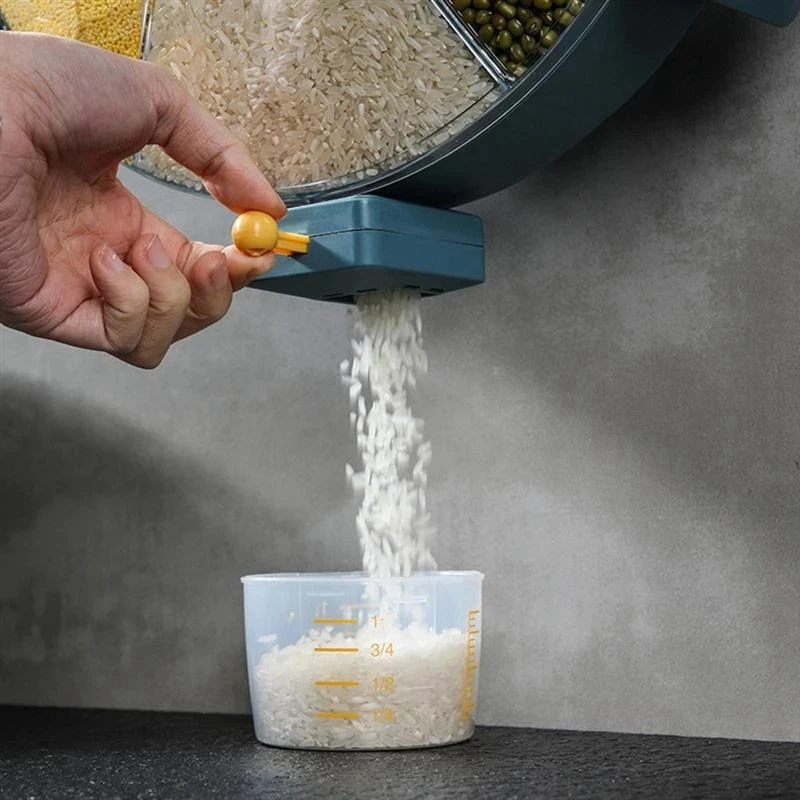 

AF88 -Rotate Storage Containers Cereals Dry Food Rice Dispenser Holder Plastic Divided Cells Wall Mounted Kitchen Organizer