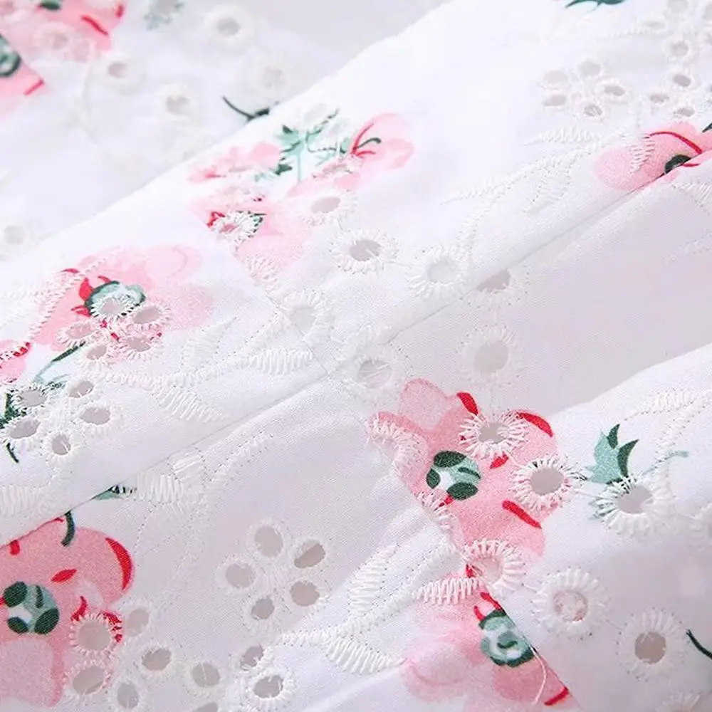 

Cotton Summer Linen Ladies Embroidery3D Printing Lace Elegant Pleated Long Dress2021New Women's Short Sleeve Big Sleeve Dress XL