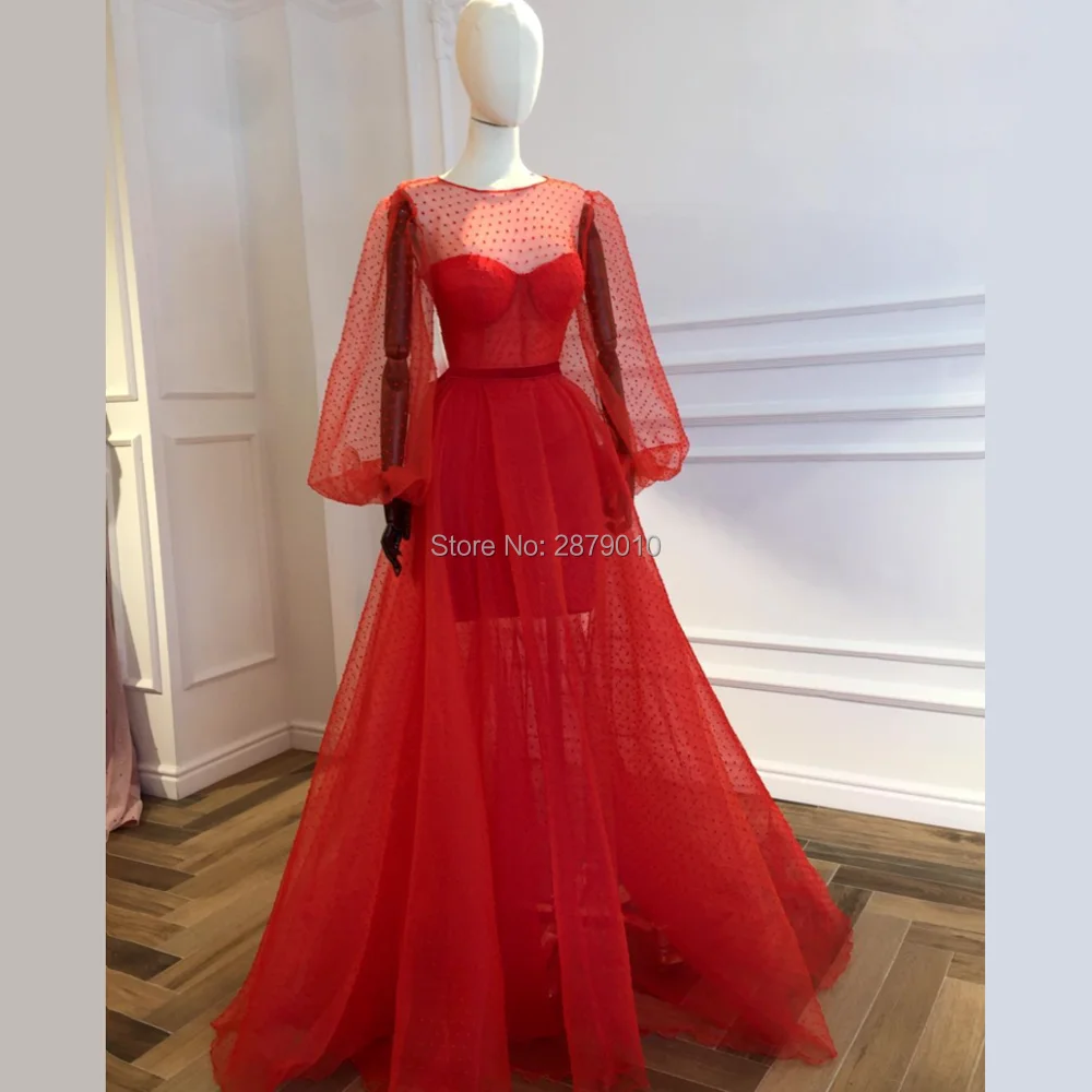 

Turkish A-Line Orange Evening Dress Floor-Length Tulle Full Sleeves Prom Dress Arabia Robe De Soiree Aibye Formal Dress Dubai