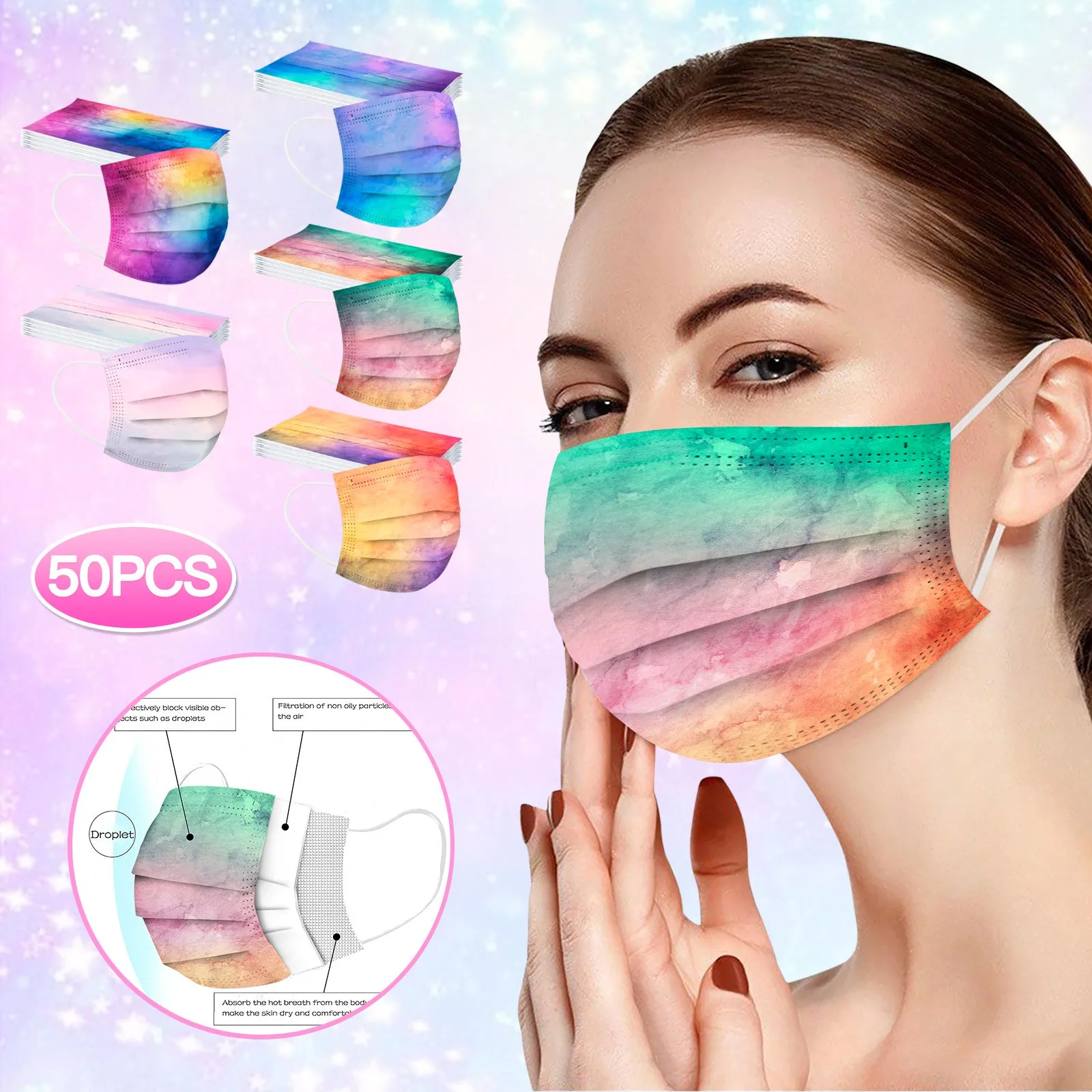 

50pc Disposable Adults Tie Dye Print Mask 3ply Ear Loop Face Mask Mondmasker Mascarillas Desechables Halloween Cosplay Masque