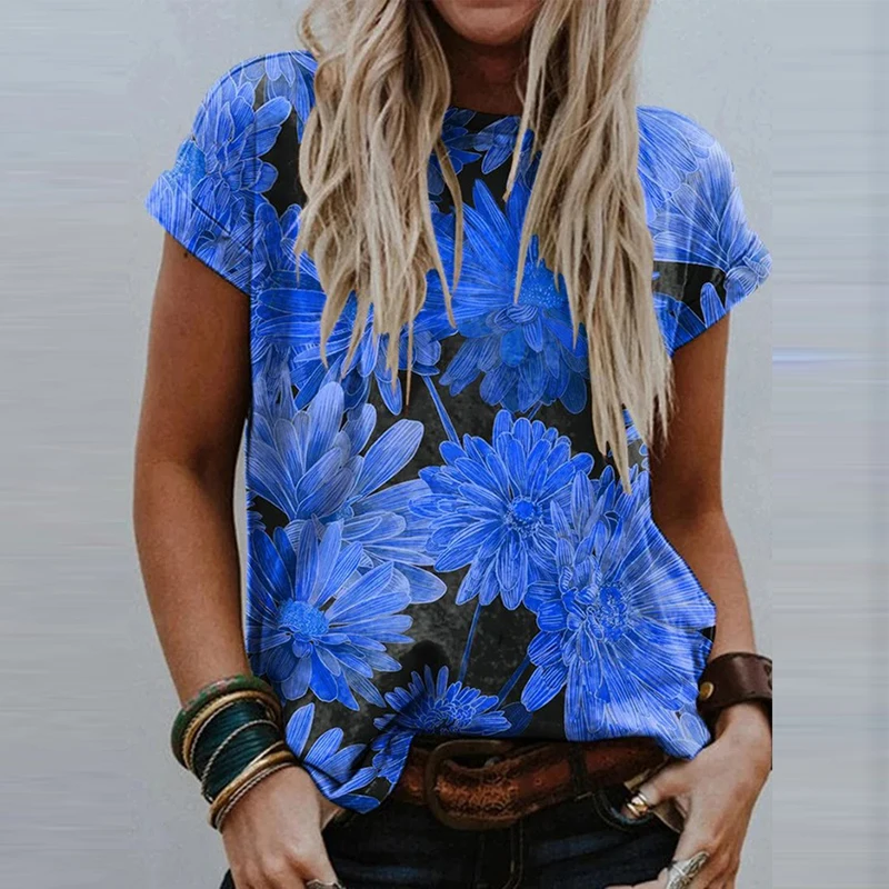

Summer Short Sleeve V Neck Tops Casual Chrysanthemum Printed Blouse Women Fashion Streetwear Loose Plus Size Blouses 2021 Spring