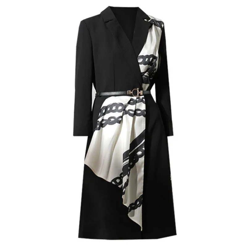 

DEAT Women Black Patchwork Printing Asymmetrical Lace Dress New Notched Long Sleeve Slim Fit Fashion Tide Summer 2021 7E1220