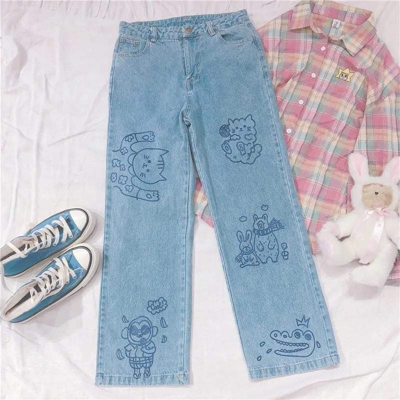 

2021 Harajuku Fashion Cotton Women Denim Jeans High Waist Denim Straight Pants Sweet Cute Puppy Embroidery Girl Denim Trousers
