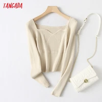 tangada women 2021 sexy square collar knitted sweater jumper female pullovers chic tops yu116