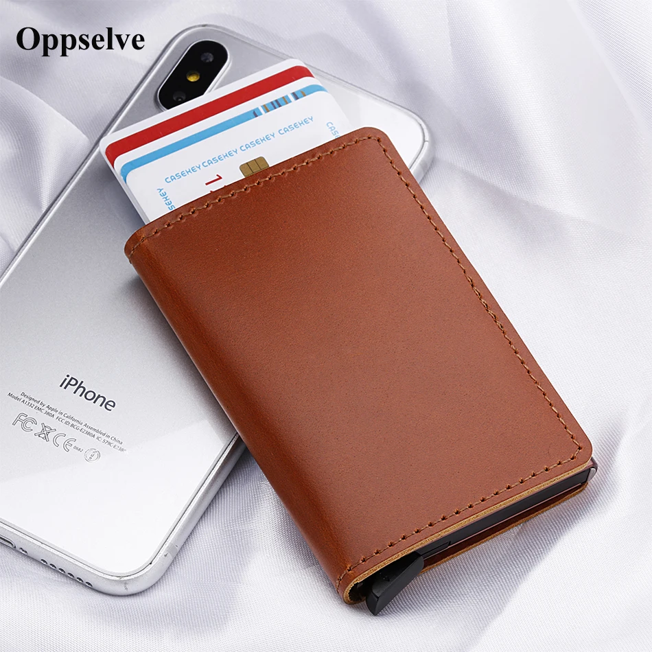 

Oppselve Aluminum Wallet With Elasticity Back Pouch ID Credit Card Holder RFID Mini Slim Wallet Automatic Pop up Bank Card Case