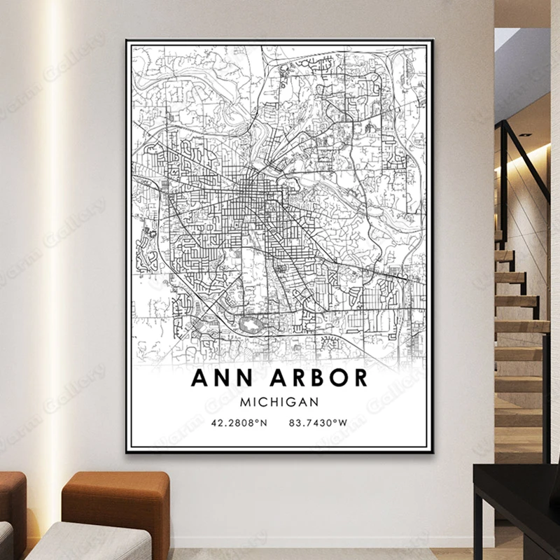 Мичиган Энн Арбор Карта города плакат карта печать женская черно-белая Настенная