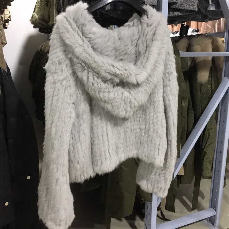 Winter Women Real Rabbit Fur Hooded coat Casual Knitted Shawl Fur Coat Hooded fur jackets enlarge