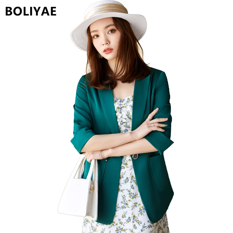 Boliyae 2021 Spring and Summer Arts Style Jacket Women Loose Casual Blazers Fashion Single Button Female Blezer Office Coat