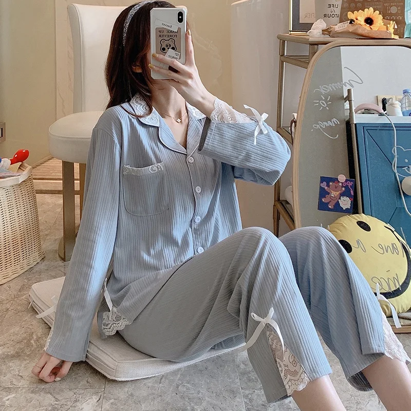 Cardigan Pajamas Womens Spring and Autumn Gray Blue Long Sleeve Fresh Set Lace Cotton Home Wear Summer Can Be Worn outside in