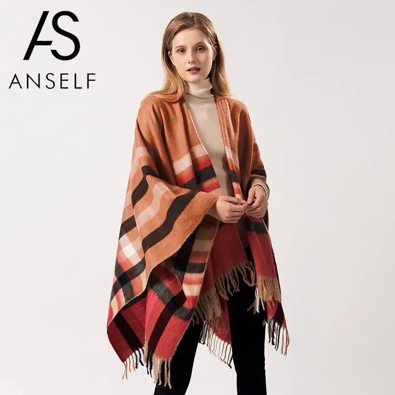 Женский кардиган-пончо ANSELF свитер клетчатые кашемировые накидки с принтом шаль