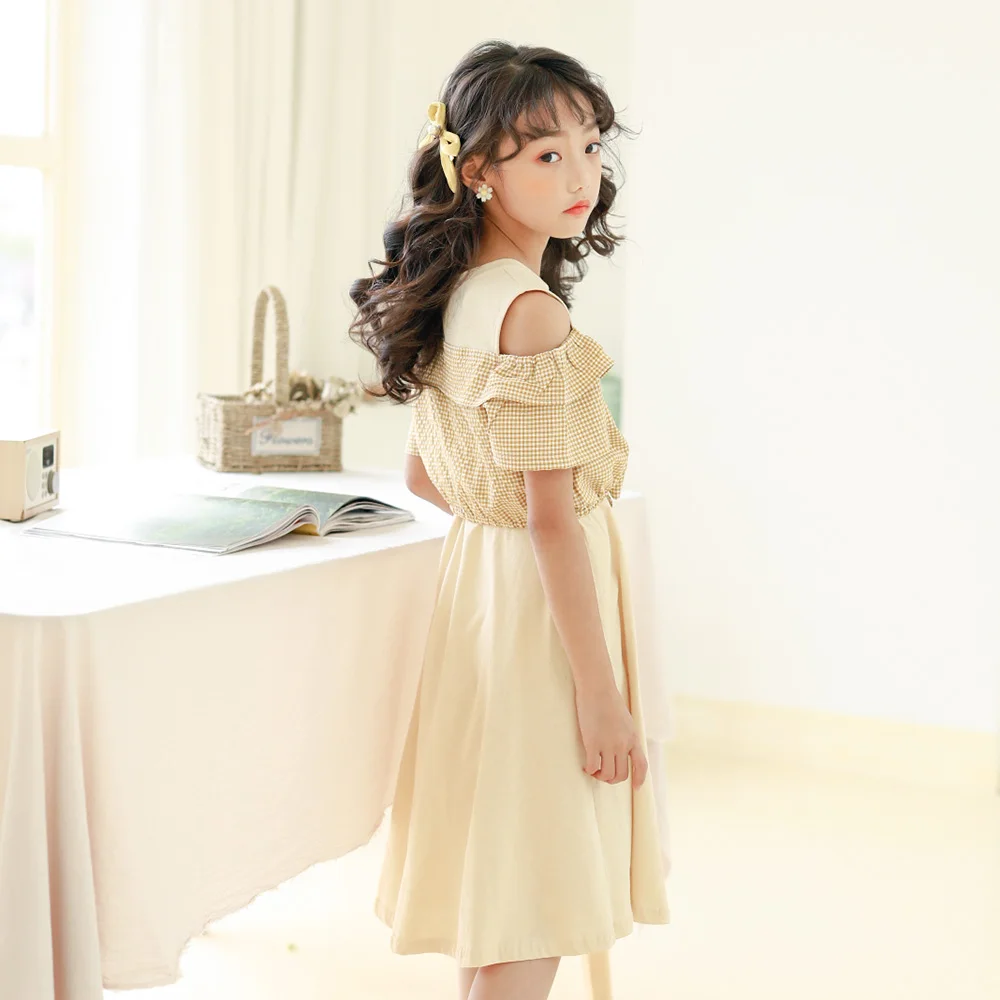 New 2020 Summer Plaid Patchwork Girls Dresses Baby Cute Kids Fashion Off-shoulder for Teen #9044 | Детская одежда и обувь