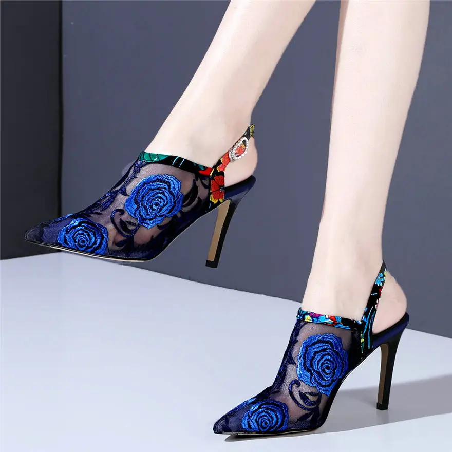 

Женские босоножки-гладиаторы, с ремешком сзади и острым носком, на тонком высоком каблуке, летние дышащие ботильоны с кружевом, свадебные, т...