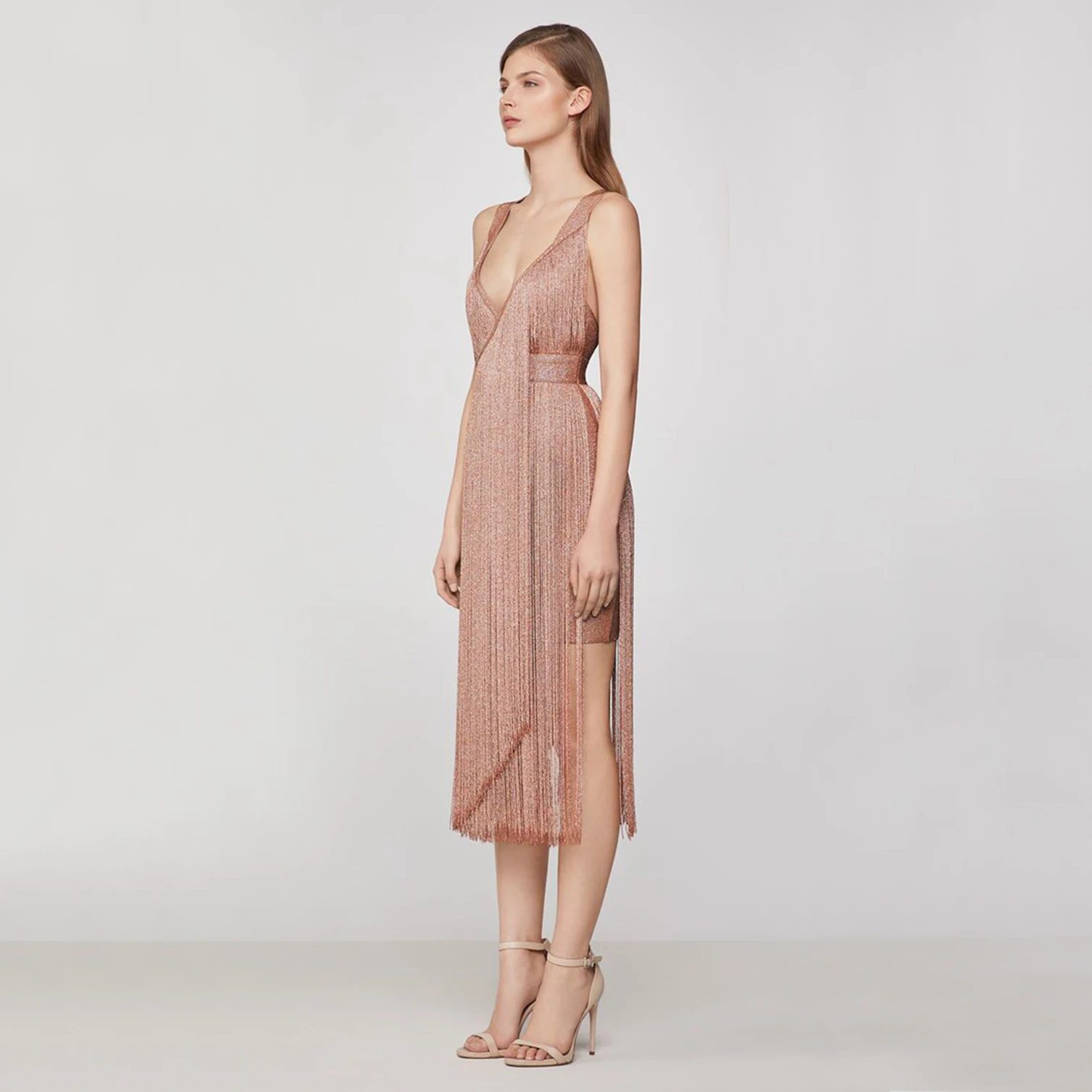 Бандажное осеннее розовое серебристое платье с кисточками для женщин Vestidos без рукавов сексуальное с v-образным вырезом бахрома Блестки Клубная одежда для подиумов и вечеринок