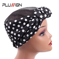 plussign drawstring headwrap wig caps with silk headband knotted flower wrap wig cap with mesh hair net for crochet hair 1pcs