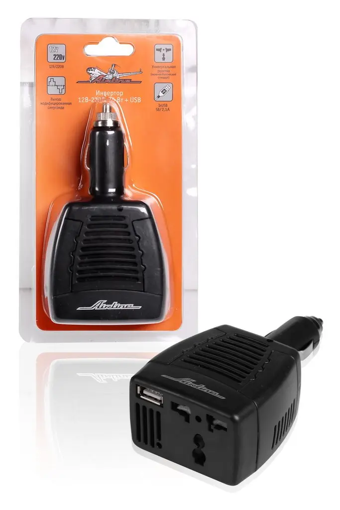 Инвертор 12В 220В 75 Вт + USB AIRLINE API 00|Инверторы для авто| |