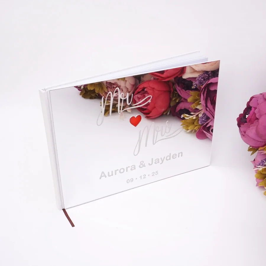 

25*18cm Custom Mr&Mrs Red Heart Wedding Signature Guest Book Acrylic Mirror Cover Personalized Blank Scrapbook Party Gift