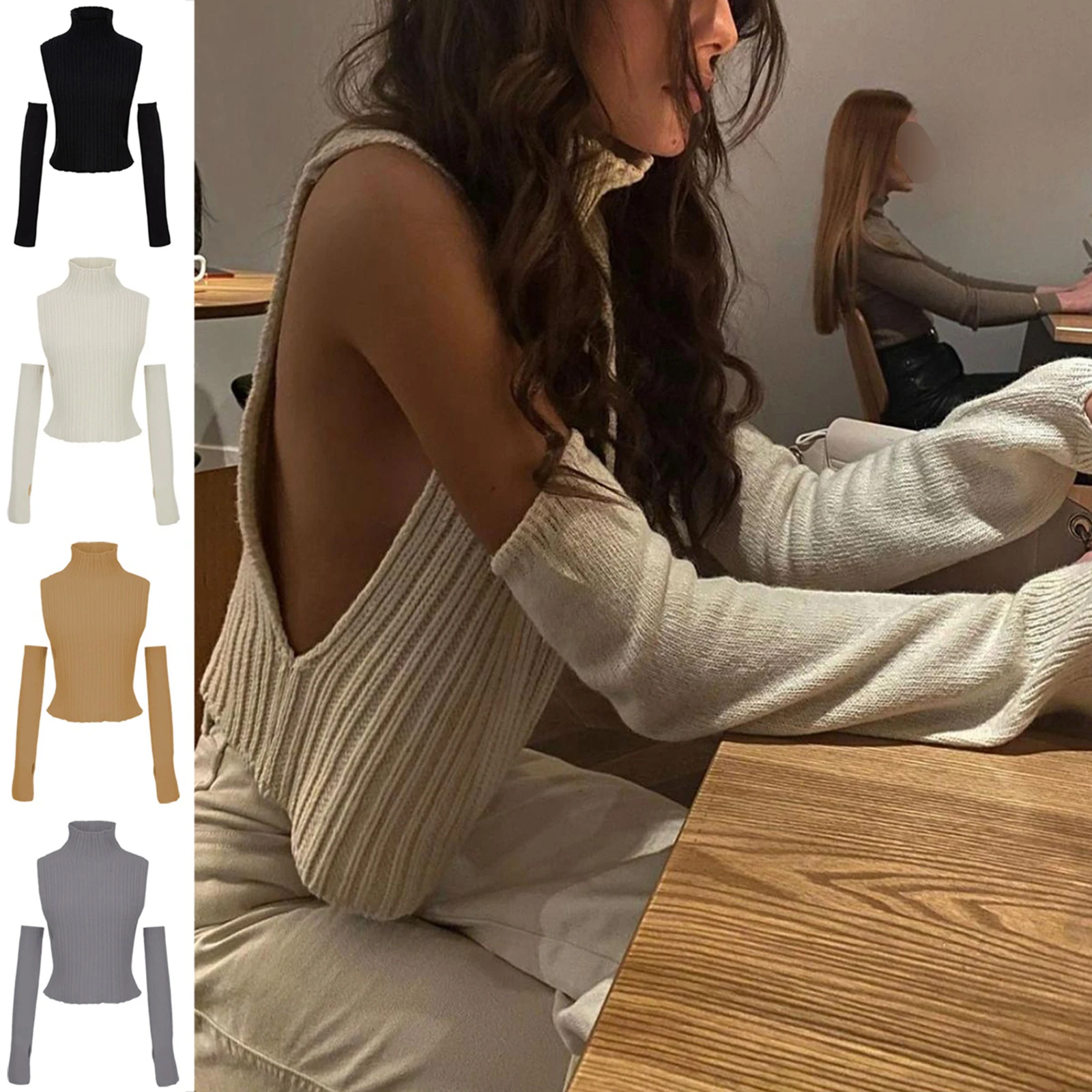 

Female Knitwear Solid Color Sweater Vest 2021 Fashion Women Off Shoulder High Collar Sleeveless Knitted Sweater Fall
