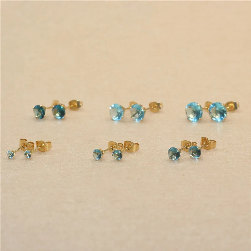 Lake Blue Glass Stud Earrings From 3mm to 8mm 316L Stainless Steel Real-Golden Plated No Easy Fade Allergy Free | Украшения и
