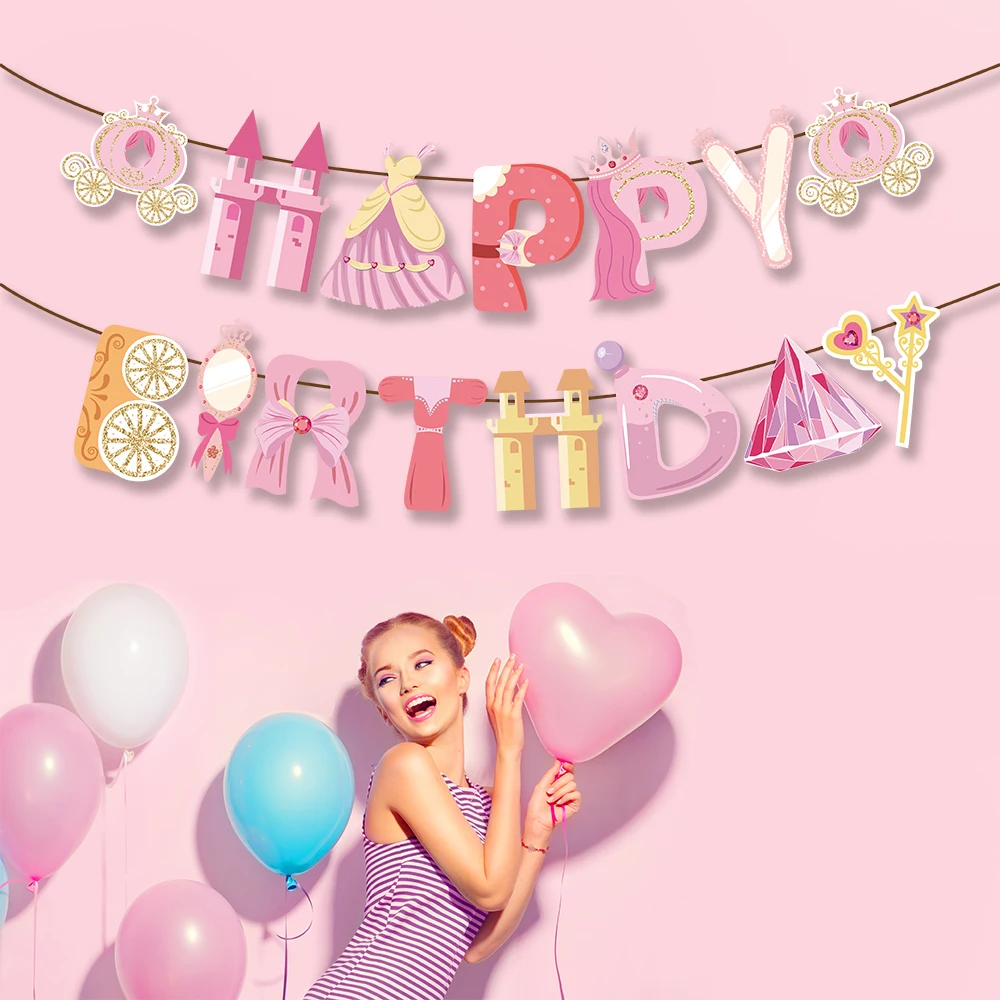 

Sweet Pink Princess Castle Happy Birthday Party Banners Girls Party Favor DIY Wall Hanging Bunting Baby Shower Party Decorations