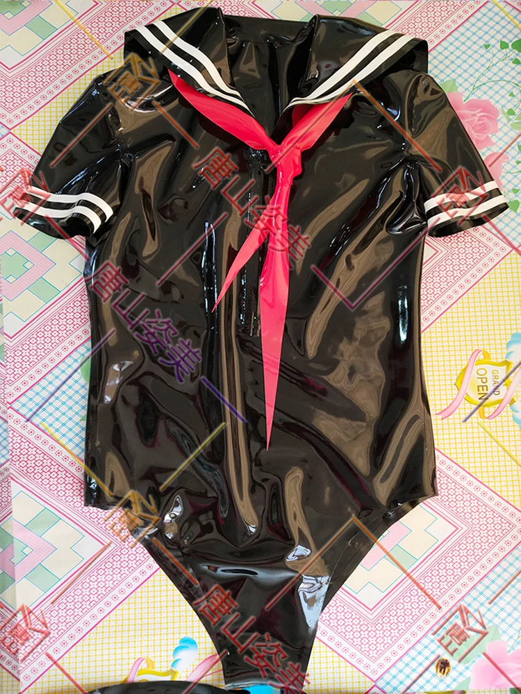 Женский латексный купальник kigurumi JK с красным шарфом и длинными чулками из