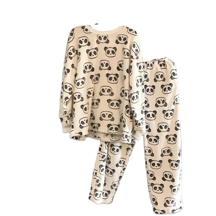 

YRRFUOT Women's Autumn Winter Fluffy Long-sleeved Trousers Korean Home Service Two-piece Suit Cute Panda Coral Fleece Pajamas