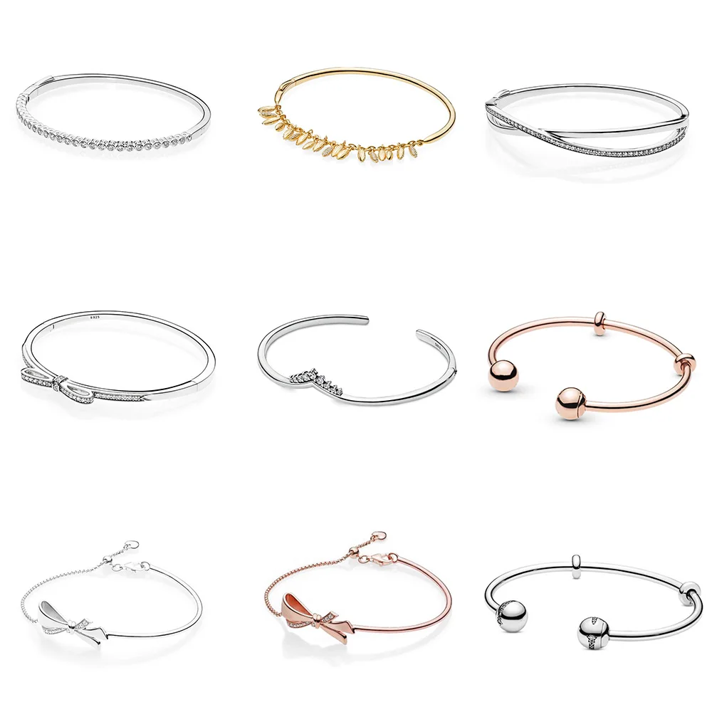 

925 Sterling Silver Bracelets Rose Gold Bowknot Round Shape Ball Bangles Women Crown Cz Fit For Original Charm Beads Jewelry
