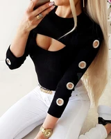 autumn women plain cut out grommet eyelet top 2021 femme casual round neck long sleeve t shirt office lady outfits traf tunics