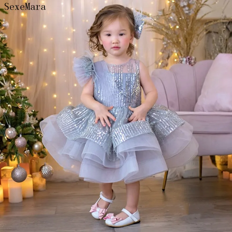 Cute Fluffy Baby Girl Birthday Dress Silver Sequins Layered Skirt Knee Length Flower Girl Dress Communion Pageant Gown