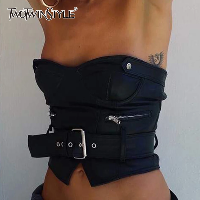 TWOTWINSTYLE женские футболки из искусственной кожи с вырезом лодочкой открытыми