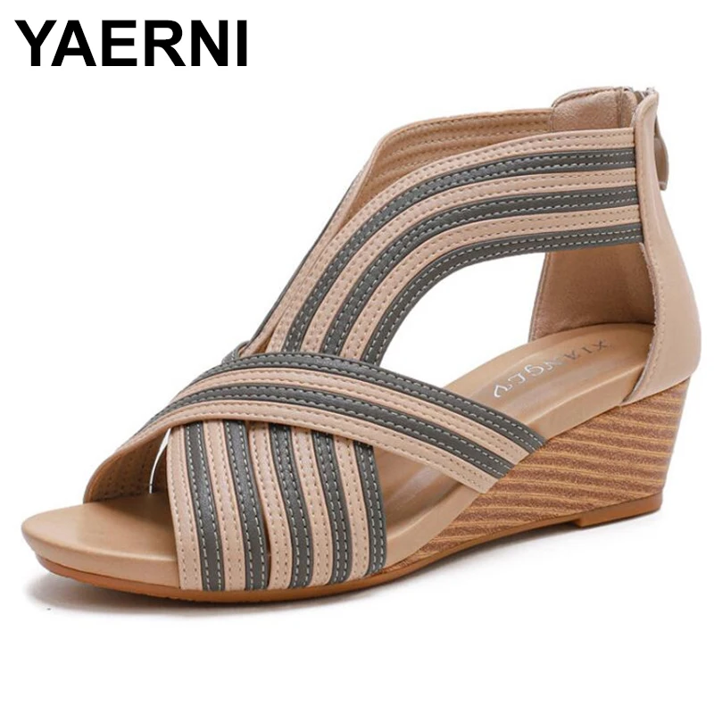 

YAERNI Casual Open Toe Platform Sandals Women 2021 Cross Strap Gladiator Wedges Heels Shoes Woman Rear Zipper Summer Sandalias