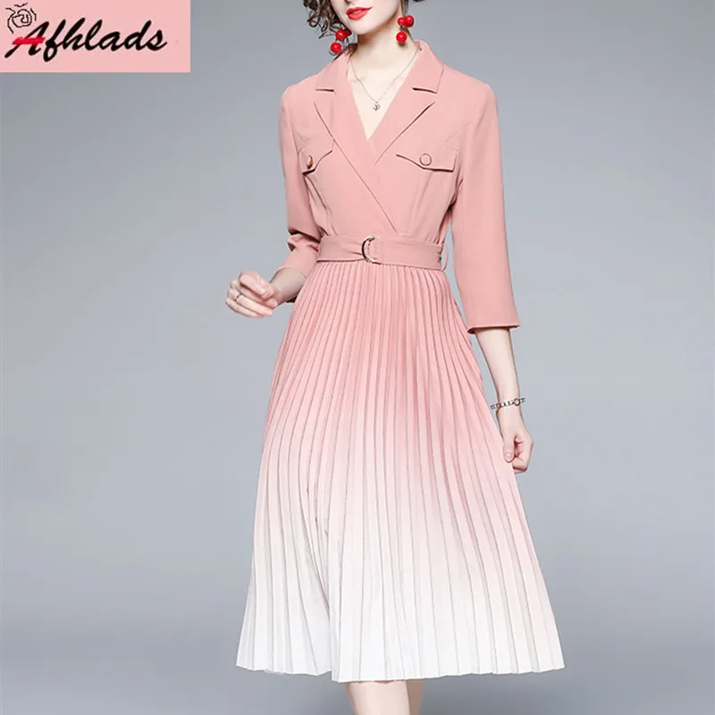 

Notched Collar Gradient Pleated Dress Autumn Women's Three Quarter Sleeve Office Lady Fashion Mid-Calf Vestidos With Belt