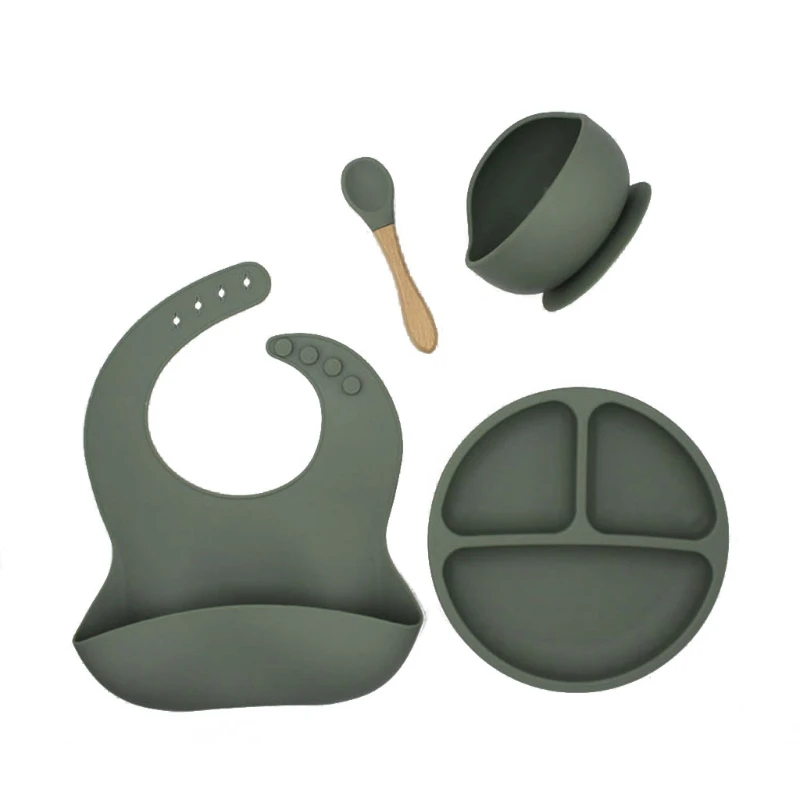 

4pcs/set BPA Free Baby Silicone Tableware Waterproof Bib Solid Color Dinner Plate Sucker Bowl And Spoon For Children