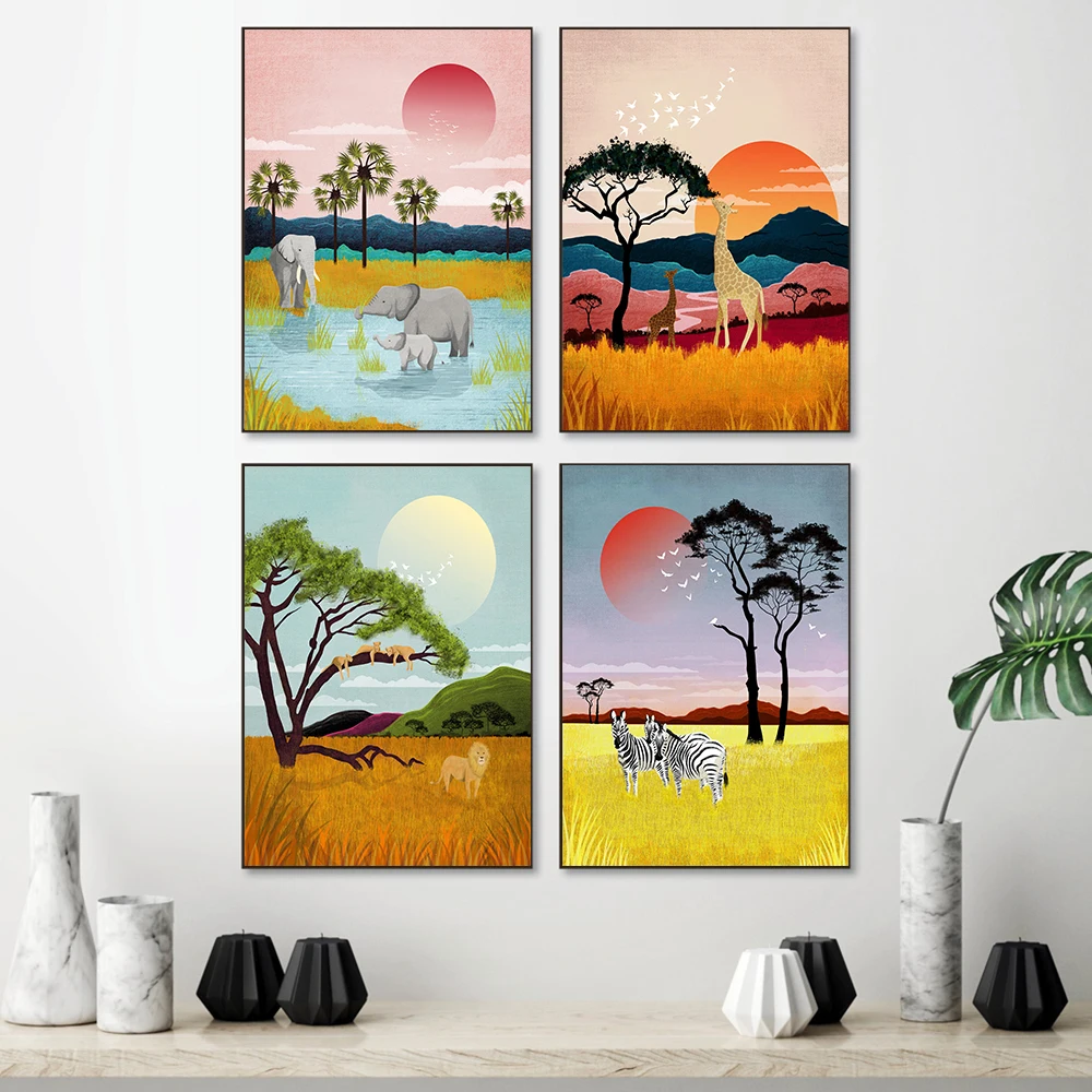 

African Lion Giraffe Zebra Elephant Print Painting on Canvas National Park Animal Poster Wall Art Pictures for Living Room Decor