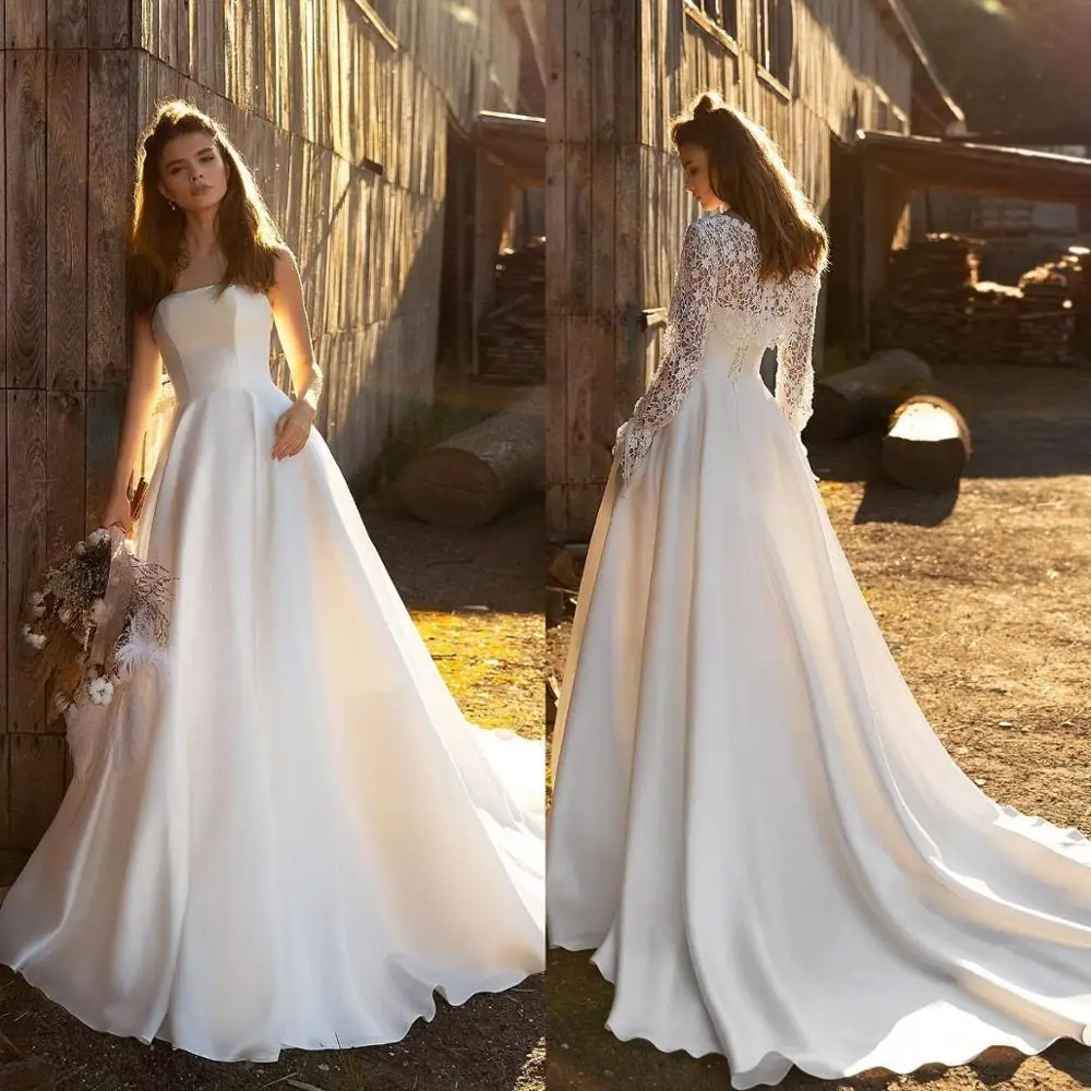 Фото Свадебное платье-трапеция с жакетом кружевное атласное платье невесты из двух