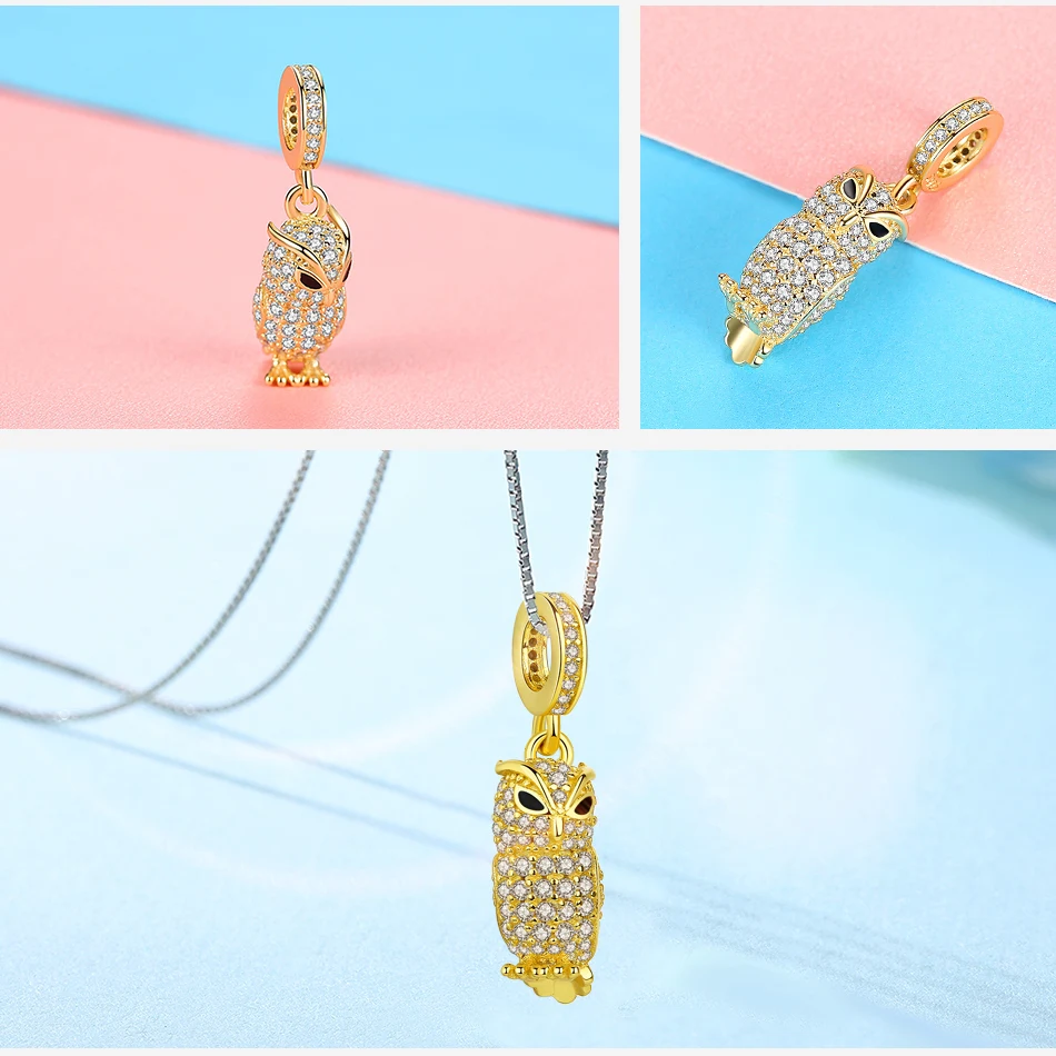 100% 925 стерлингового серебра Сова Серьги Подвески золото кубического циркония