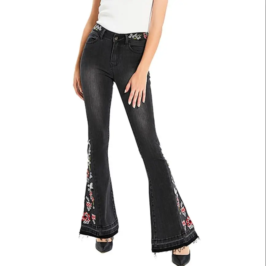 

Skinny Flared Jeans Women's Floral Embroidery Flare Hem Fashion Denim Pants Bootcut Bell Bottoms Stretch Trousers Women Jeans
