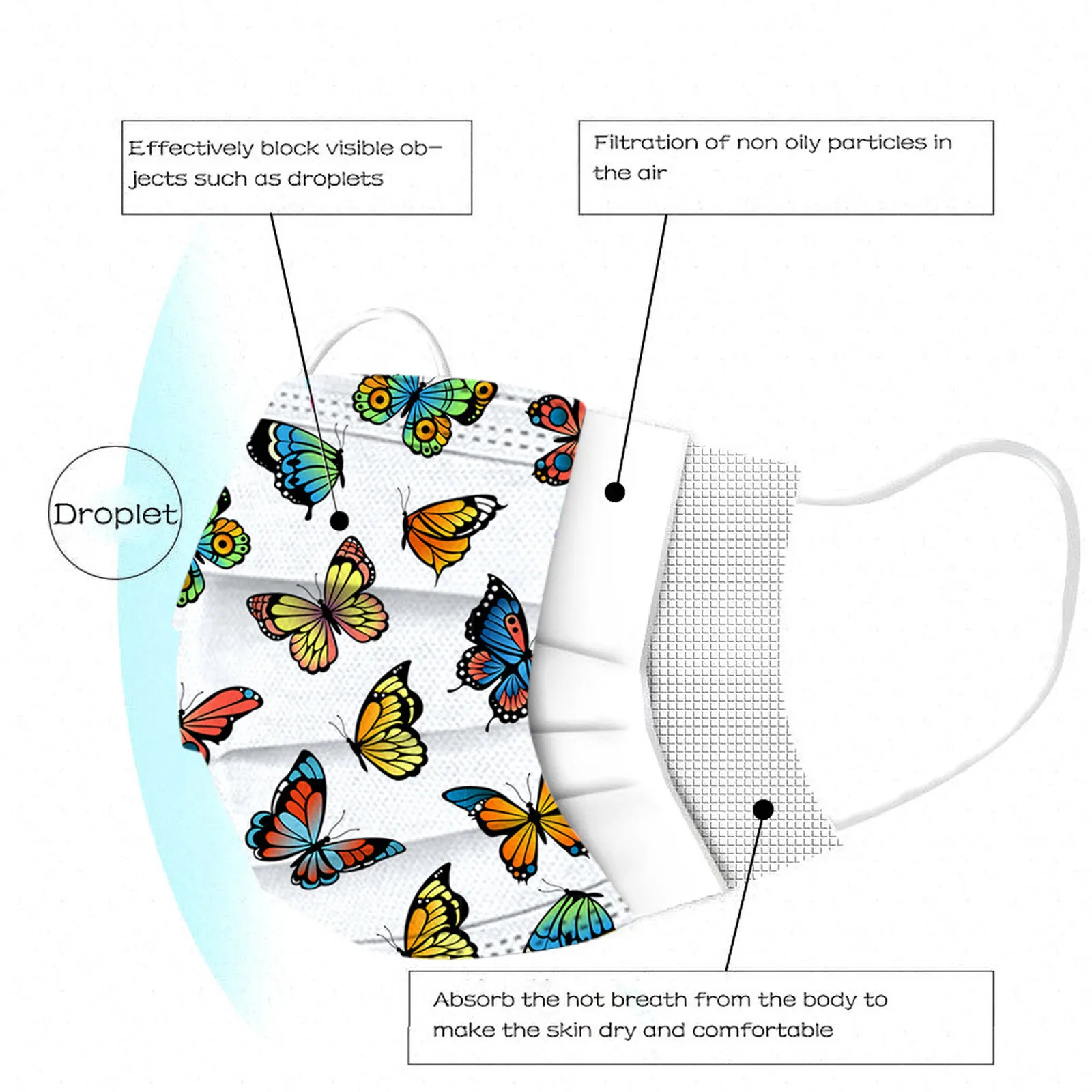 

10/20/30/100pc Fashion Butterfly Print Masks For Women Mascara Facial Protectora Mascarillas Rosas Disposable Mouth Mask d5