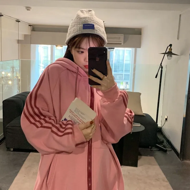 Oversized Print Long Sleeve Zip Up Hoodies Women Korean Fashion Autumn Winter Thick Jacket Clothes Chic Harajuku Woman Pullover