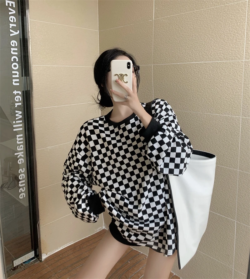 

Новая Осенняя Свободная Толстовка в клетку с длинными рукавами