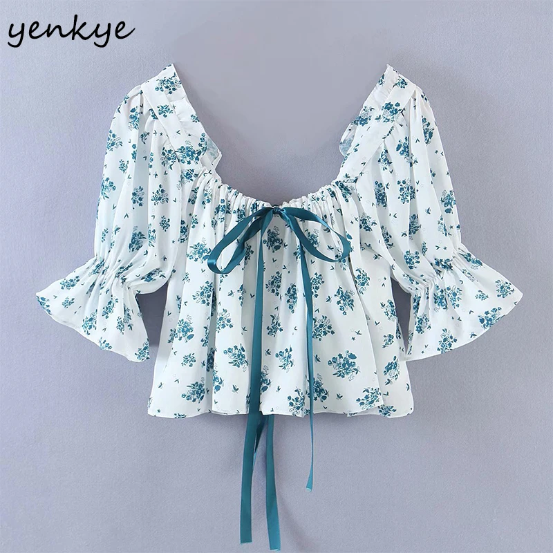 

YENKYE Floral Print Sweet Blouse Women Drawstring Bow Tie O Neck Butterfly Sleeve Crop Top Plus Size Fashion Summer Tops