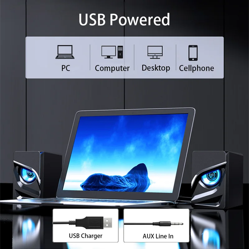 

LED Mini USB Wired Computer Speakers home theatre system Bass Horns Desktop Altavoces PC Speaker 3.5mm AUX caixa de som
