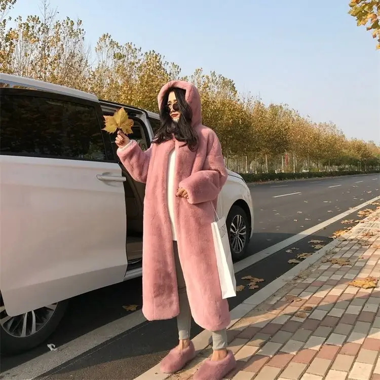 2021 Winter Autumn Thickened Faux Fur Long Hooded Loose Plush Women Coat