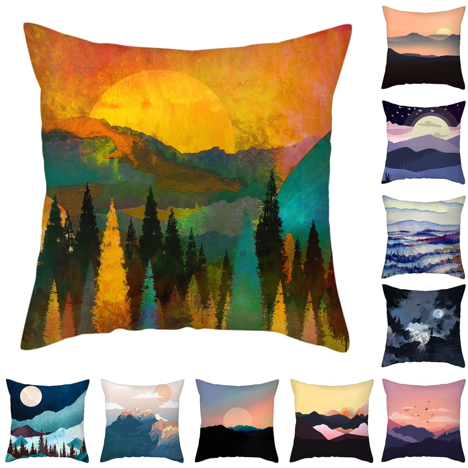 

Nanacoba Pillow Cover Abstract Oil Painting Sun Mounation Moon Scenic Pattern Cushion Cover Home Decoration Fall Pillowcase