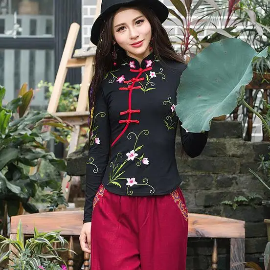 Традиционная китайская одежда 2019 Женская Осенняя элегантная Этническая рубашка