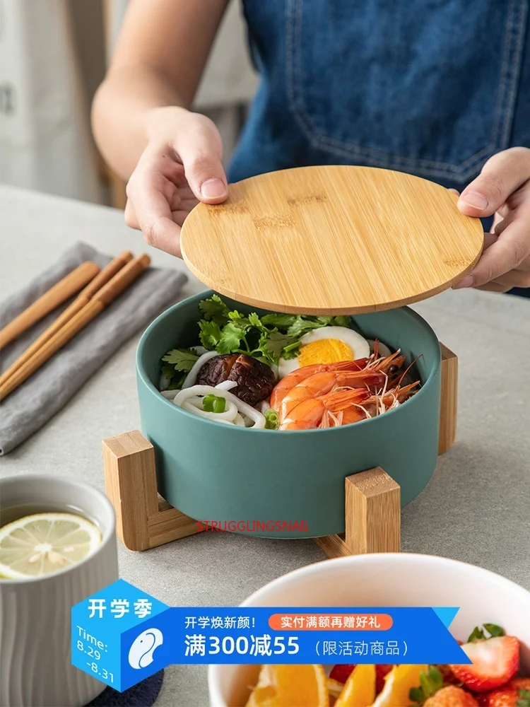 

850ml Creative Japanese Ceramic Bowl Fruit Bowl Dish Salad Bowls Instant Noodle Bowl with Bamboo Frame Dessert Bowl Ramen Bowl