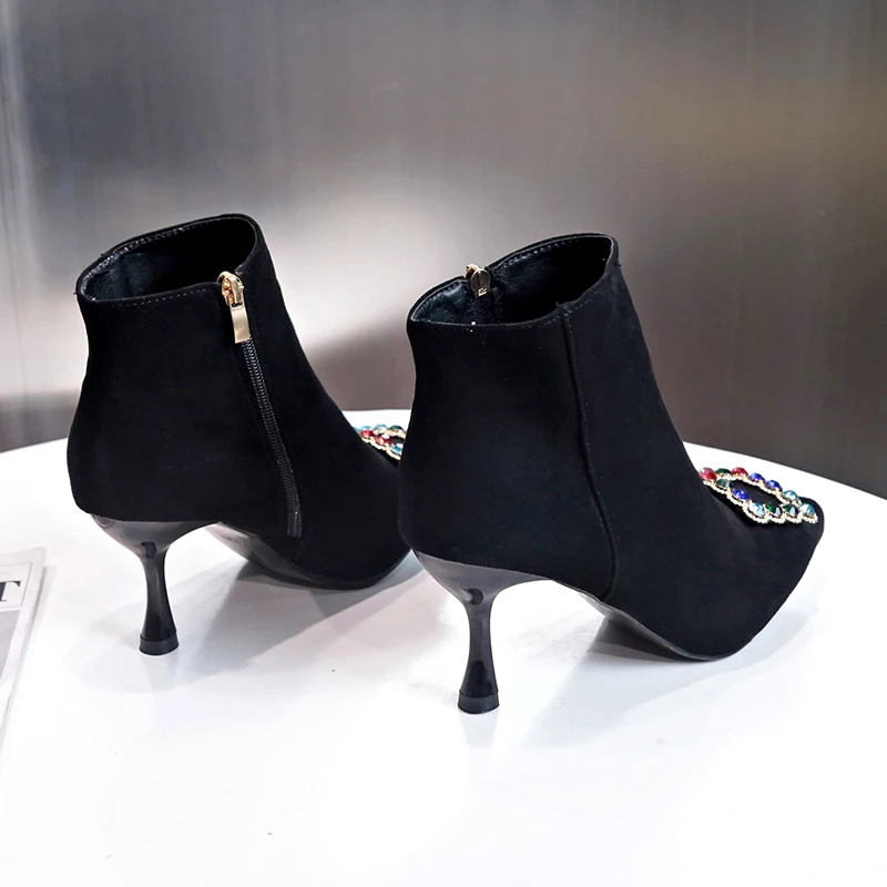 Пикантные Черные ботильоны с острым носком для ночного клуба женские ботинки на
