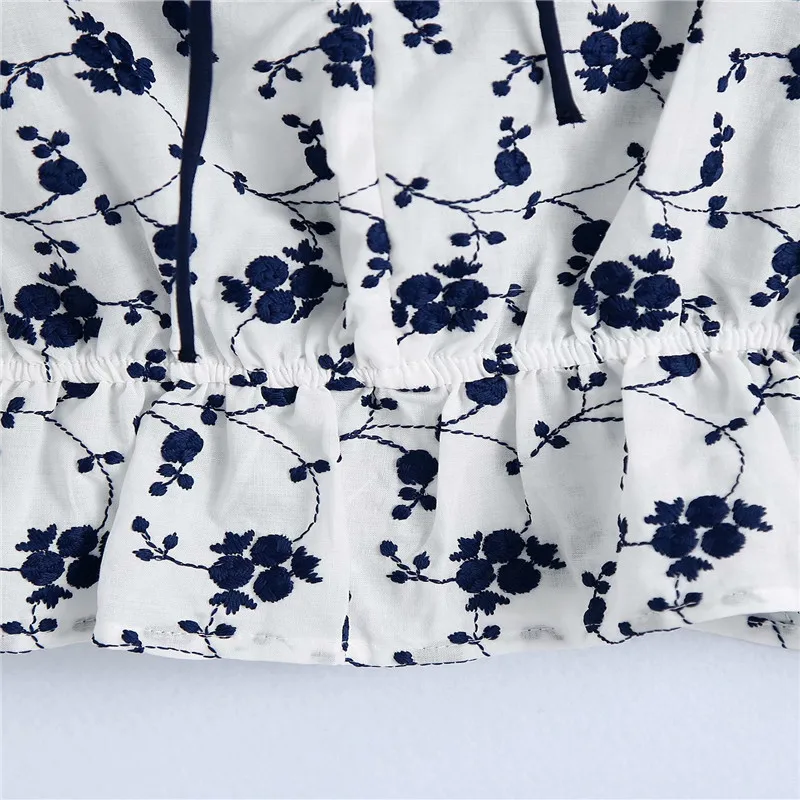 

Za 2021 Embroidered Ruffle Cropped Blouse Women Short Puff Sleeve Vintage Summer Embroidery Shirt Woman Drawstring Elastic Top